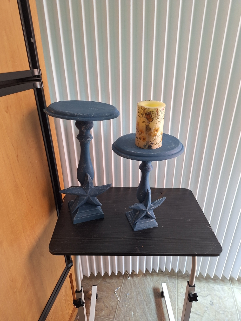 Blue Wooden Star Pedestal Candle Stands - Unbranded